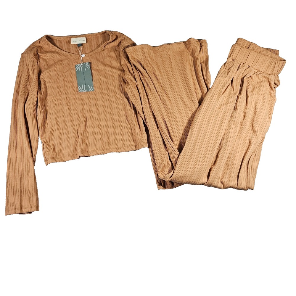 NWT Alredine Women's Sz L Brown Ribbed Knit Loungewear Leisure‎ Wide Leg Set